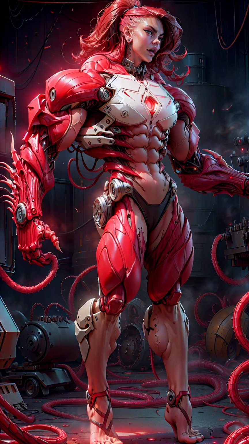 (beautiful girl:1.25), (megan fox:1.25), (young bodybuilder girl wearing cybernetic muscle suit:1.25), carnage muscular physique, seductive face, mouth wide open carnage style, long red hair, perfect muscular body, super skinny legs, sissy, femboy, (carnage style physique)