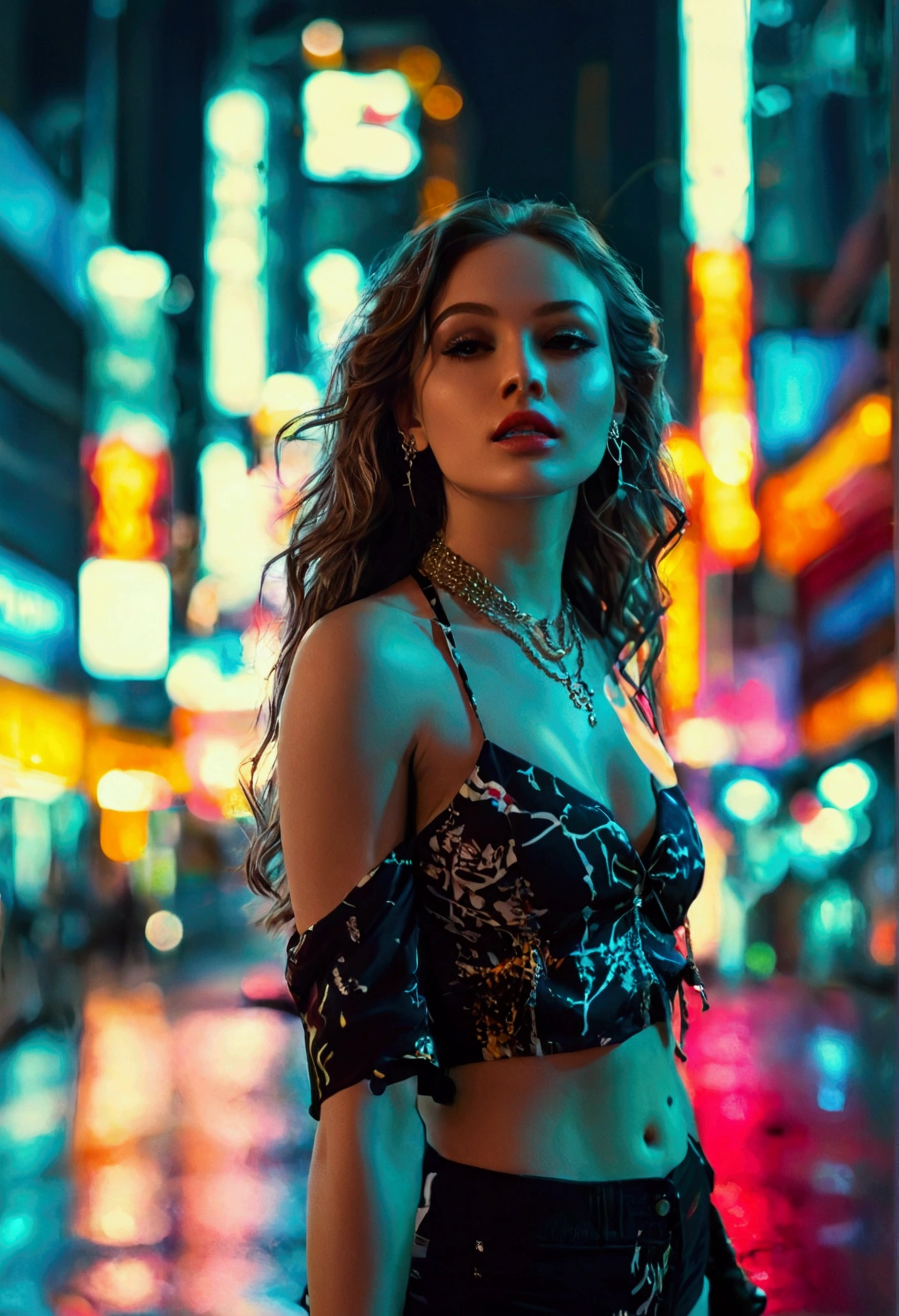 best quality, a beautiful woman, long wavy hair, printed halterneck top, necklace, jacket, short shorts, perfect slim fit body, large breasts, cyber city streets, realism, elaborate details, evening