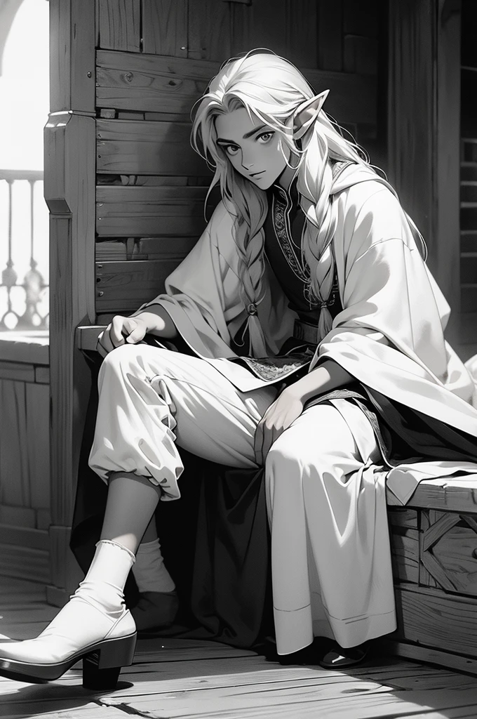 elf, young cute boy, long hair, braids, young, cute, ,medieval clothes, black and white clothes, jester, tanned skin, robe, pants, long socks