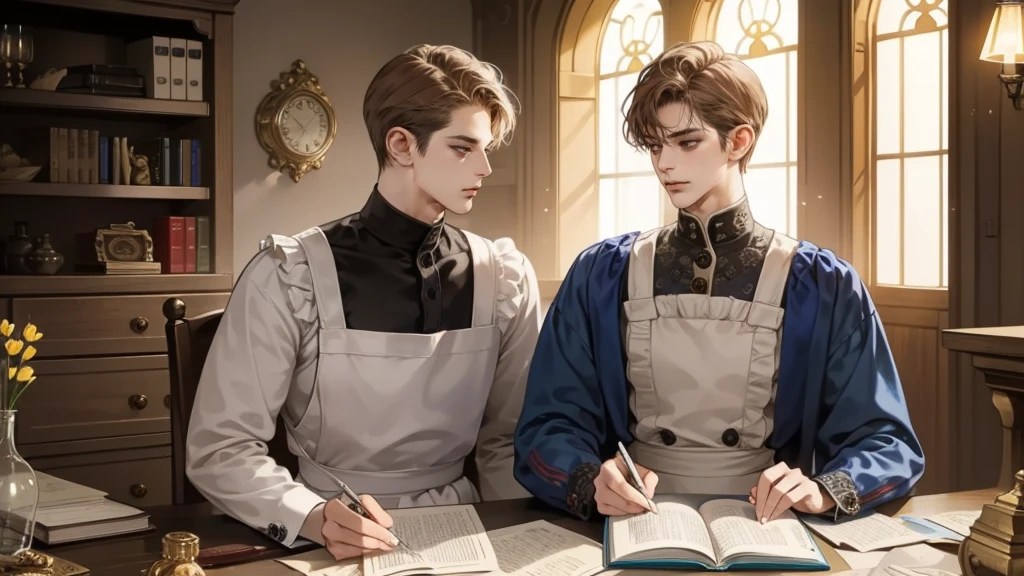 masterpiece, Best quality, realistic, ((One, 1 person)), Mature man, Quiet and charming young man, 25 years, waist up very detailed face, narrow shoulders, thin, Middle Ages, 19th century,, ((golden eyes)), ((Short, light brown hair combed to the right)), [thick eyebrows], in an apron, Cinematic lighting, I look at the audience, posture dynamics, dress the doctor, monocle, textile, behind there is a table with medicines and flasks, books,