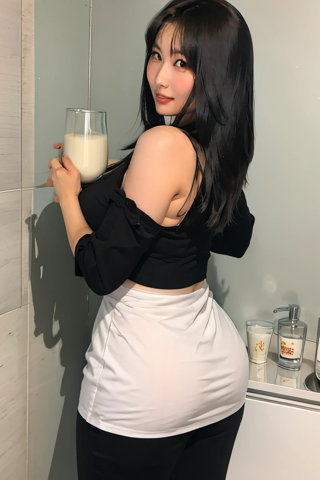 Beautiful Japanese girl, plump body, beautiful mother, big breasts, big ass, holding a glass of milk. in the bathroom