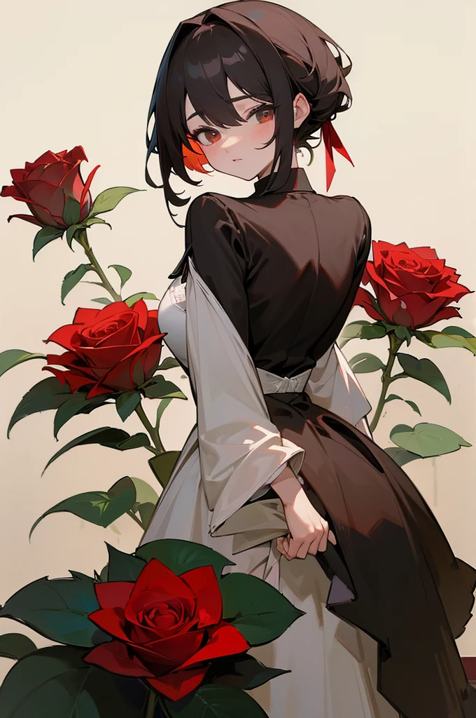 (in 8K、top-quality、masterpiece:1.2)、A red rose in a garden behind it