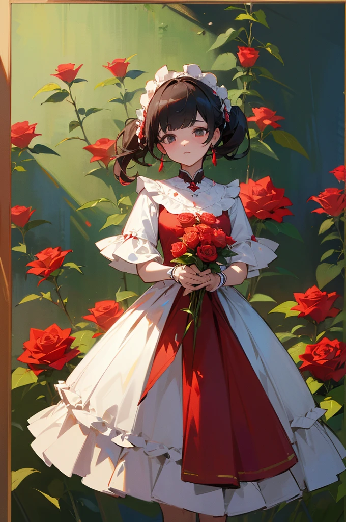 (in 8K、top-quality、masterpiece:1.2)、A red rose in a garden behind it
