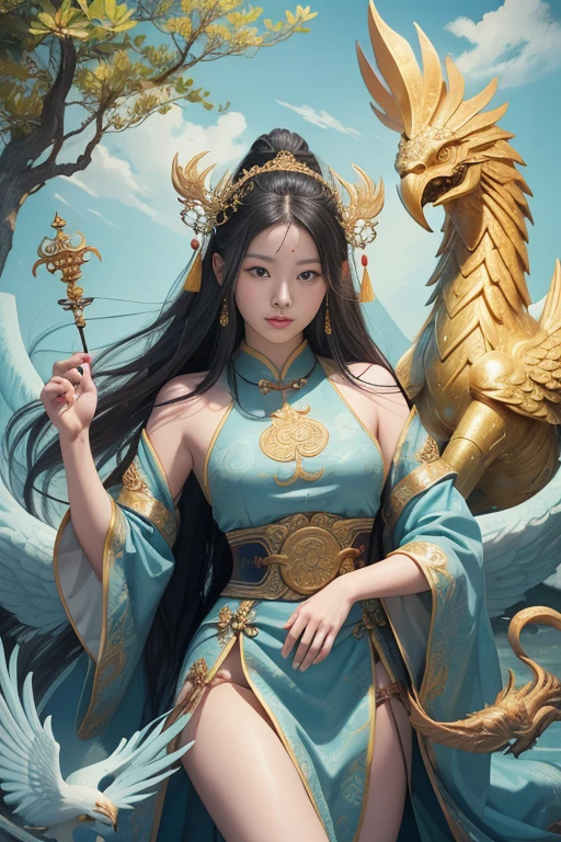 Ancient Chinese Goddess, The Kannon of the South Seas, win, Inspired by China, Kannon Bodhisattva riding a phoenix，,Calm expression,Shui Mohua,Buddha,Buddha教徒,Lotus,chinese painting style,Thangka Style