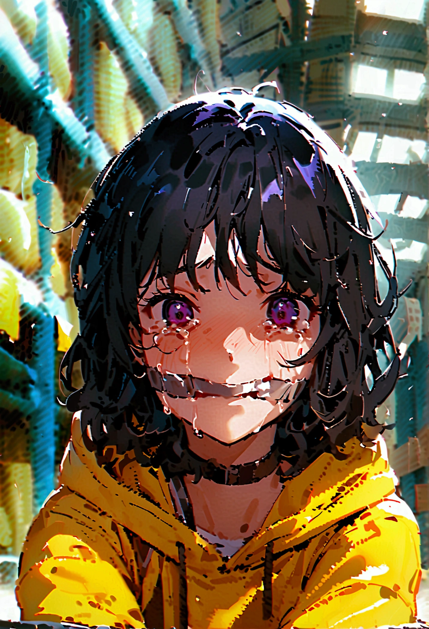  ( Girl, (Black Hair, Brown Hair, Wavy Hair, Medium Bob Hair,) Chubby Cheeks, (Brown eyes, sad, Scared, Are crying, tears, fearで広がる, Purple white eyes, fearで目を大きく見開く, fear, Sobbing).  Yellow hoodie, (bound, Put your arms behind your back, Silver duct tape gag, Gagged, Suppressed, Wrists duct-taped behind back) Sit on a chair, storehouse, Highest quality, (alone, 1 Girl, face)