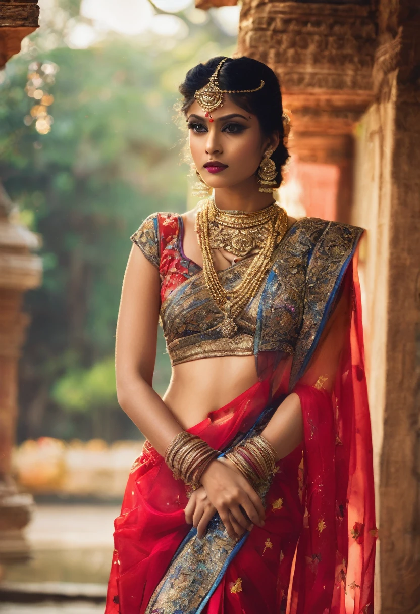 A captivating scene of a 20-year-old boy, who has masterfully cross-dressed as an Indian apsara, standing in the ethereal realm of Swarg Lok. His youthful beauty is accentuated by a meticulously applied make-up that highlights his high cheekbones and lush, red lips. His eyes, a striking shade of blue, sparkle with the wisdom and mischief of the divine beings he imitates. His long hair cascades down his back in luscious waves, reminiscent of the flowing locks of the celestial nymphs. He wears a vibrant red bra-type blouse that exposes just the right amount of skin, adorned with intricate gold embroidery that glitters under the heavenly light. The garment is paired with a mini skirt-style draping, a modern twist on the traditional Indian saree, which allows for glimpses of his slender legs. The skirt, a mesmerizing fusion of traditional and contemporary elements, is adorned with sequins and beads that shimmer as if they are stitched with stars from the cosmos. The border of the mini skirt is a stark contrast of gold, complementing the richness of the red fabric.