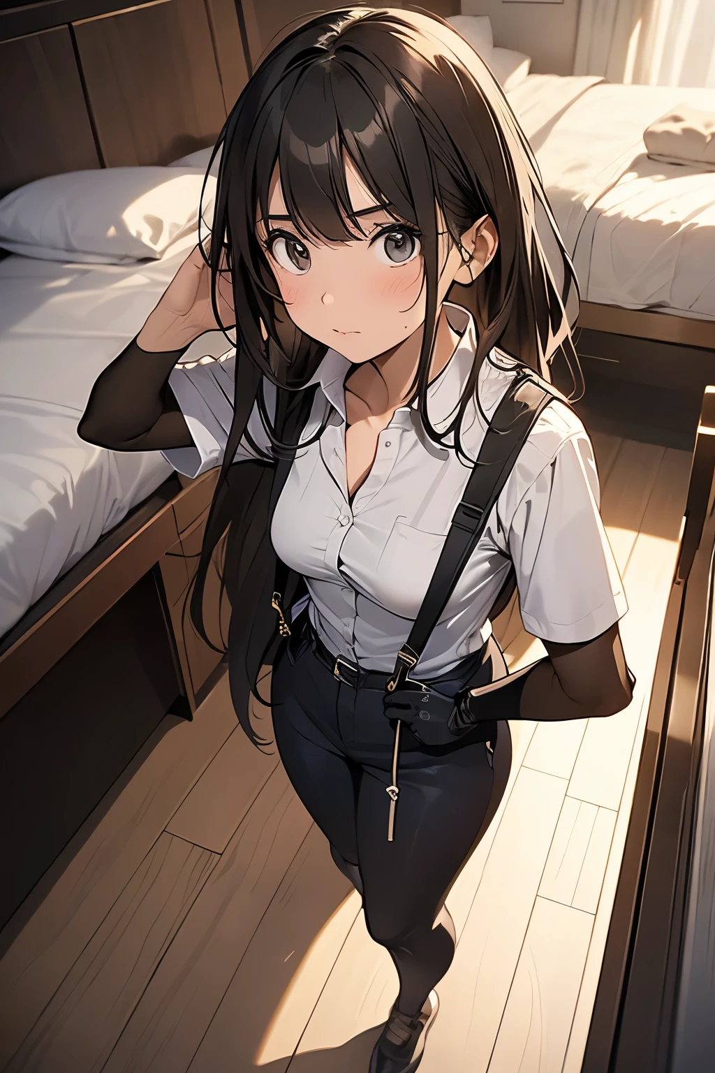 1 female, , high quality, masterpiece, Ultra-high resolution, , Cinema Lighting, , , And the suspenders with the cranes flying　　　Moderate breasts　 　 　　　　Small face　 　　　holster　　　　　　　 Lying in bed　Looking up　　　　Sweat 　　　belt　summer　脇Sweat 　Black Hole Gloves　suit　shirt　　Black jacket　 Black trousers　Leg Links　ズボンにbelt　　holster　 　　Hands behind your back　 Anxious expression　Looking up　Anxious face, legs apart　