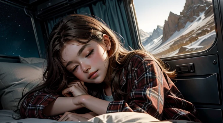 Sleeping teenage girl lying and posing inside a caravan truck next to the caravan truck door, Put your head on the pillow, Dark night sky in mountain cave, Turn off the light, Turn off the lamp, 22 years old, Ultra-realistic, She is wearing pajamas, Brown Hair. Perfect hands and perfect fingers. Perfect details for caravan trucks