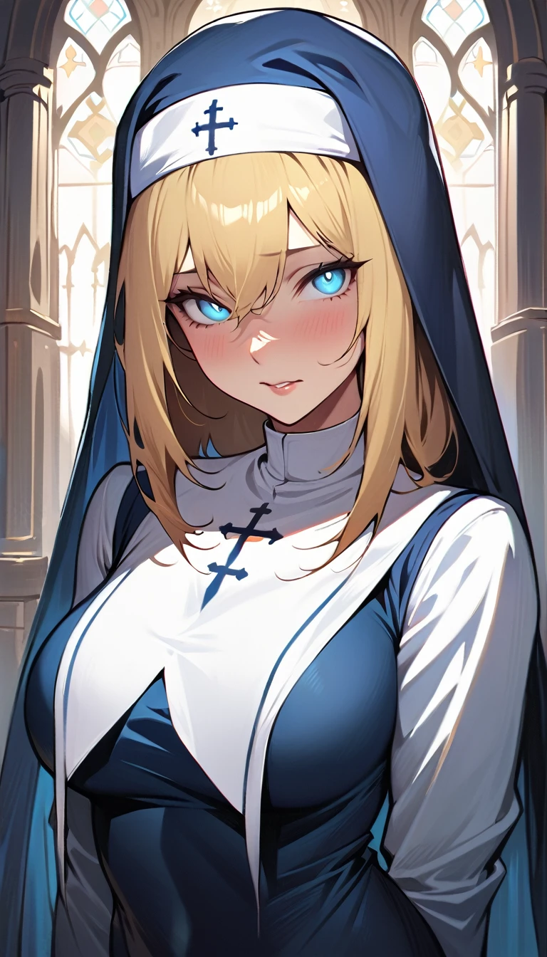 (high quality, 8k, 4K, high contrast, artwork:1.2, high quality, best aesthetics), (centered), ((1 woman)), erotic, sensual, mature body, super detailed, beautiful face detailed, beautiful eyes detailed, detailed beautiful mouth, perfect breats, (blonde, long, straight hair), (blue eyes), (shy calm expression), (religious habit), (nun's clothes), (female nun), (standing), (looking at viewer), (piercing gaze), (church), (front view)