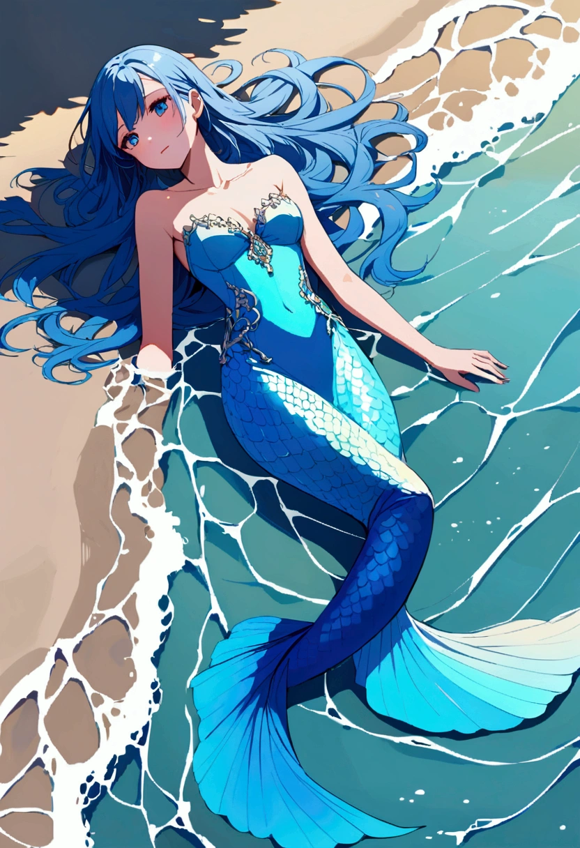 Blue mermaid lying on the shore