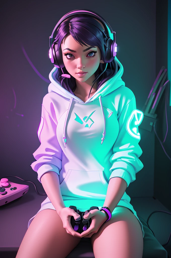 DEN_swordgirlfrend_OF,
(sitting at a computer wearing headphones and playing games (holding a controller:1.2) wearing a (hoodie:1.2) in a (neon lit room:1.3), (gamer:1.2), gaming, (gamer girl:1.3), games, (purple lighting, neon:1.2):1.2),
bokeh, f1.4, 40mm, photorealistic, raw, 8k, textured skin, skin pores, intricate details epiCRealism