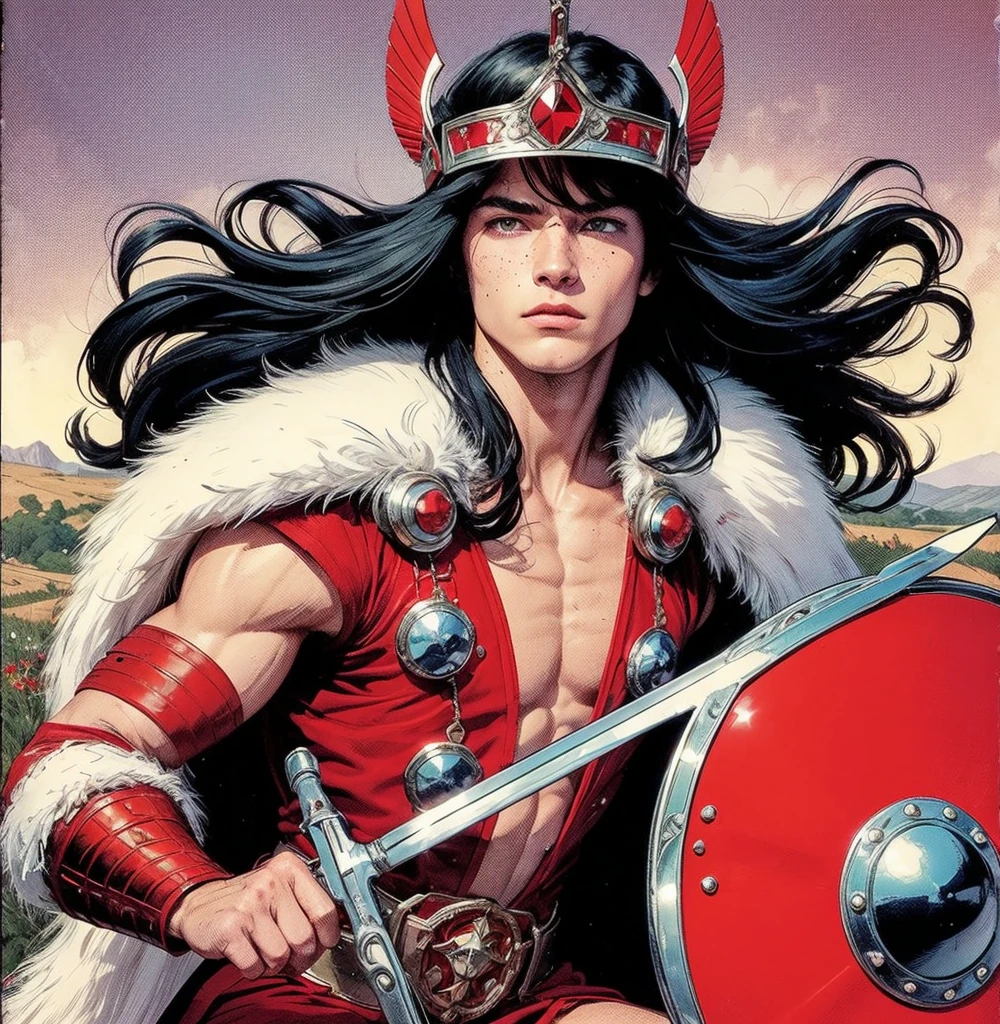 American comic book art: very young man delicate ethereal, very straight dark bluish-black hair long, very young face boy, red diadem helmet on his forehead, delicate tight red and white Sif outft tiny skirt, red shoulder pads, white fur collars, very beautiful thighs, holding a red shield polished, freckles, red covered neck, classic comics, magic magenta energy, navy eyes, countryside, on top of the wall, bright red viking outfit, ethereal male body.

