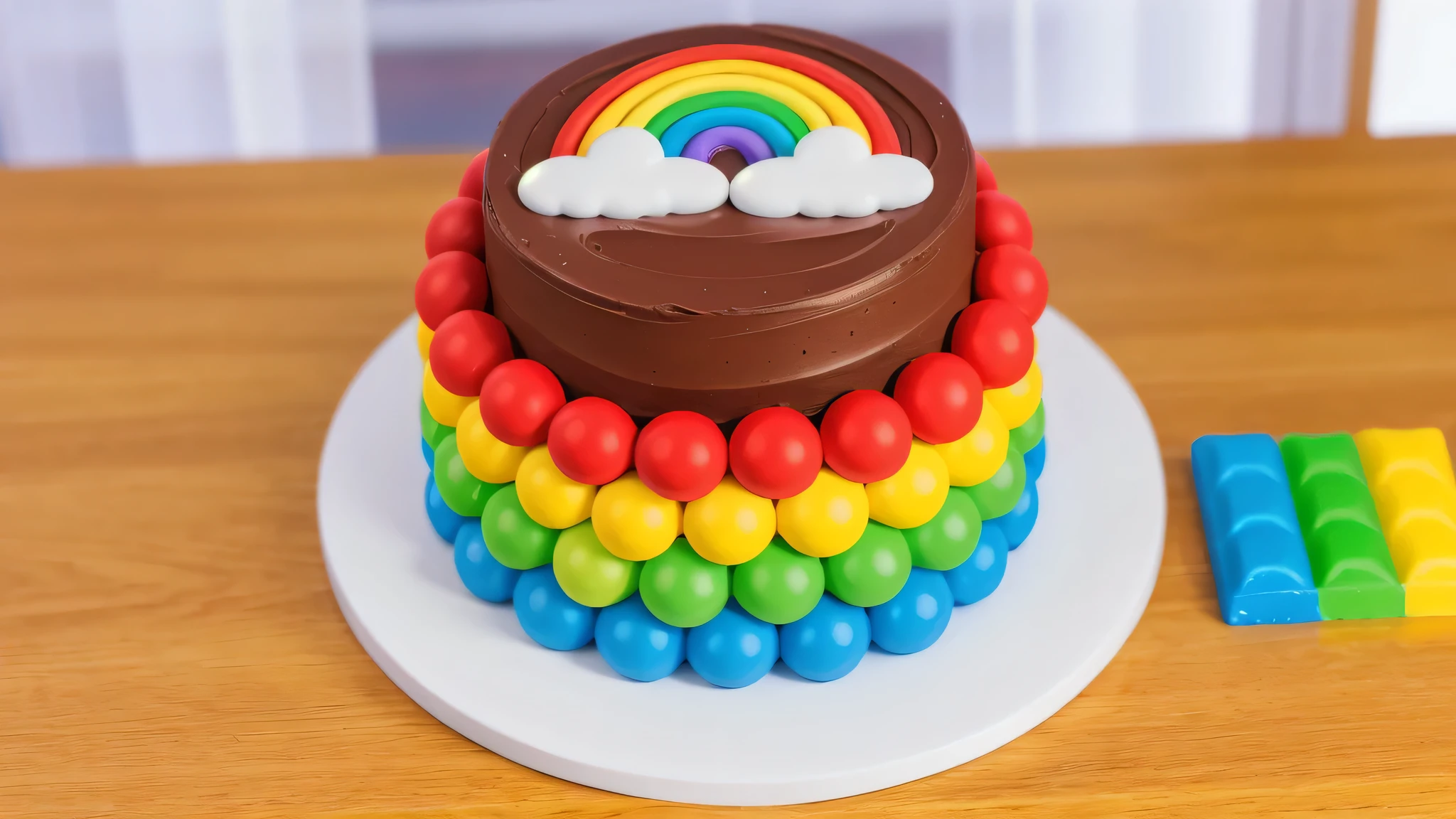 on a wooden table, on a white plate, a chocolate cream cake, candy candies around the cake, a cloud and a rainbow made of polymer clay on the cake, window light, bright lights, soft light, window light, professional lighting, light from the window, neat light, realistic texture, realistic style, detailed texture, high quality, high resolution, high quality rendering, realistic photo, brightning light, macro photo