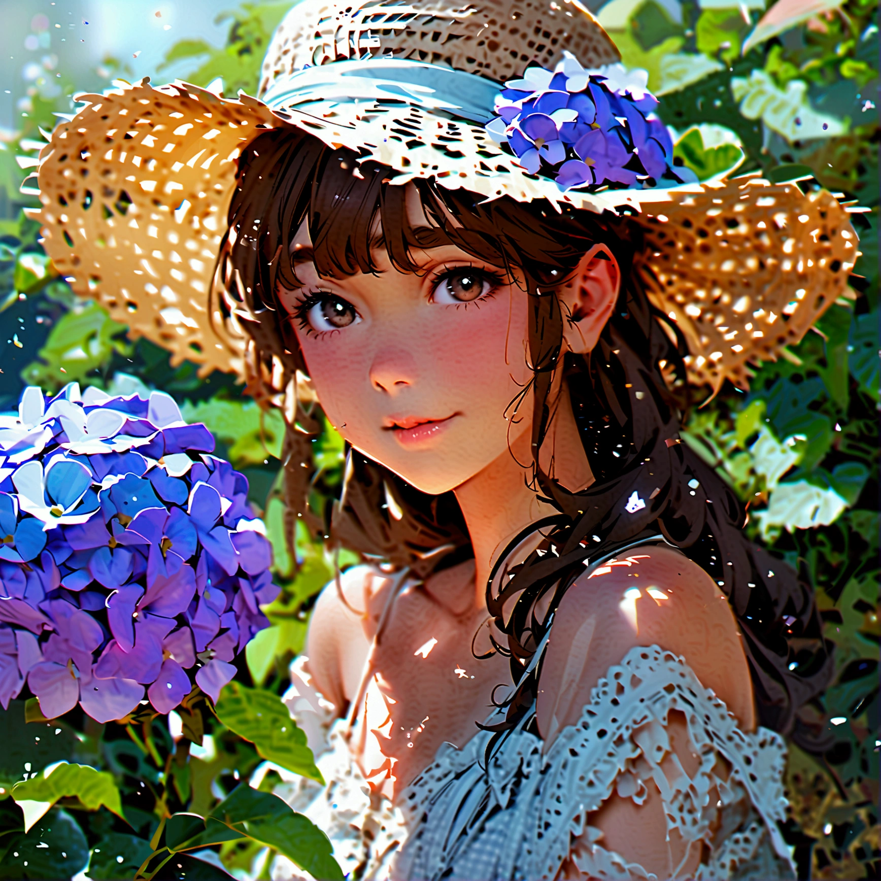 Summer Straw hat girl Brown hair Hydrangea flower Nostalgic