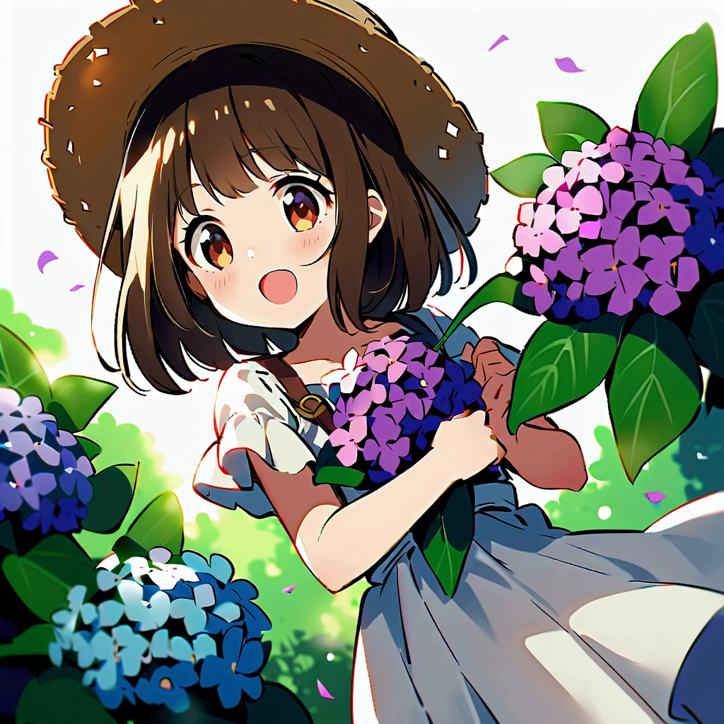 Summer Straw hat girl Brown hair Hydrangea flower Nostalgic