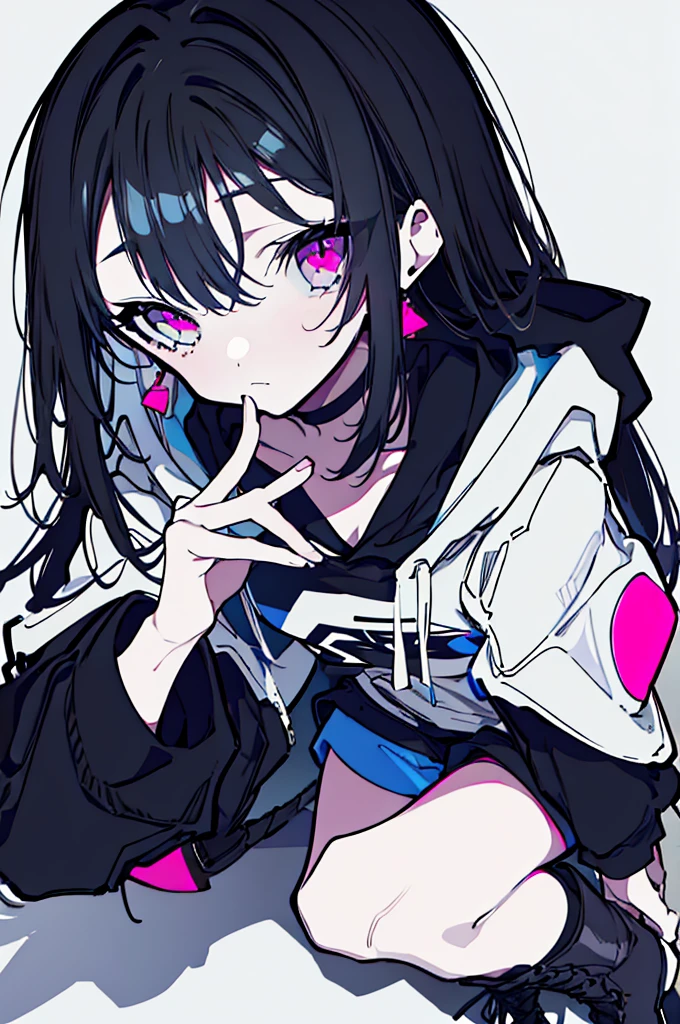 {{masterpiece}}, The best quality of life,、((Black long hair、Inside is blue、))、(Pink Eyes)、big black earrings、Black choker、Beautiful details in the eyes、White background、Anime characters、((Black tube top、hot pants、Punk Fashion、Long sleeve hoodie、Black short boots、Knee socks)、(Expressionless girl)、(White background)、(())