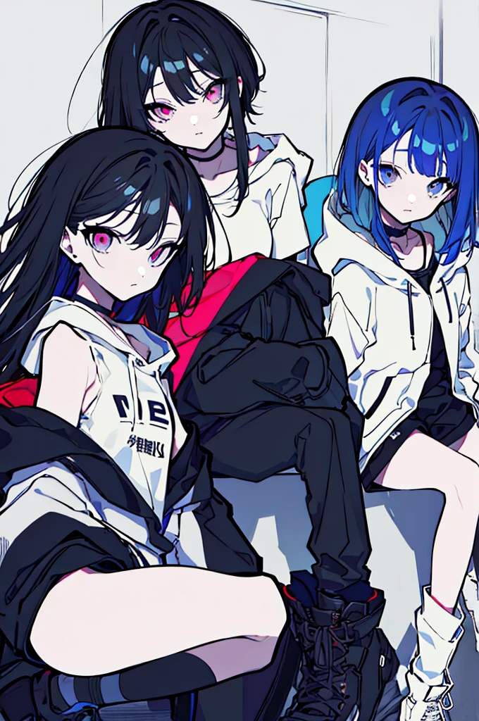 {{masterpiece}}, The best quality of life,、（（Black long hair、Inside is blue、））、（Pink Eyes）、big black earrings、Black choker、Beautiful details in the eyes、White background、Anime characters、（（Black tube top、hot pants、Punk Fashion、Long sleeve hoodie、Black short boots、Knee socks）、（Expressionless girl）、（White background）、（（16-year-old girl））