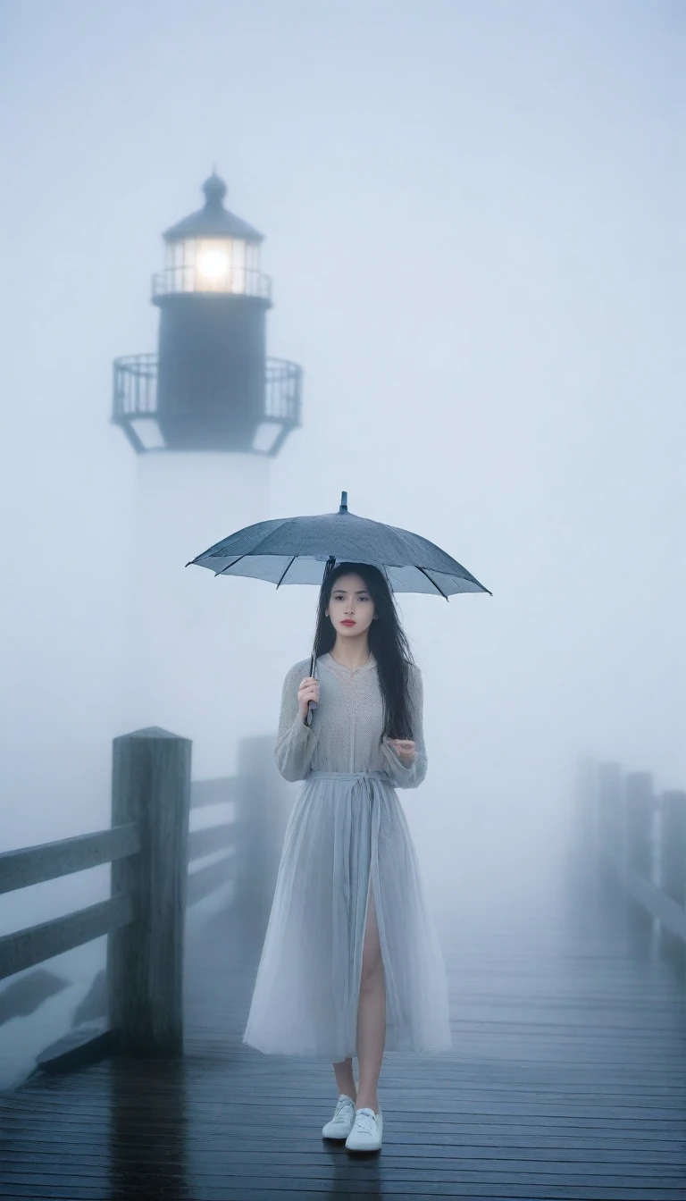 girl,cool,rain,blur,Fog,middle,cool,boring,,pier,only,lighthouse,Coast, The dim light shines in the Fog,and the figure stands in the Fog holding an umbrella,