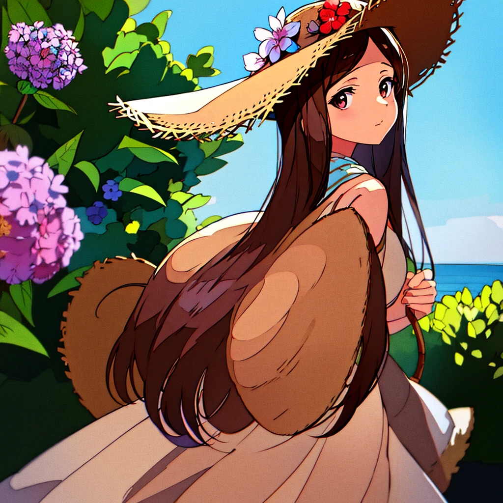 Summer Straw hat girl Brown hair Hydrangea flower Nostalgic Simple