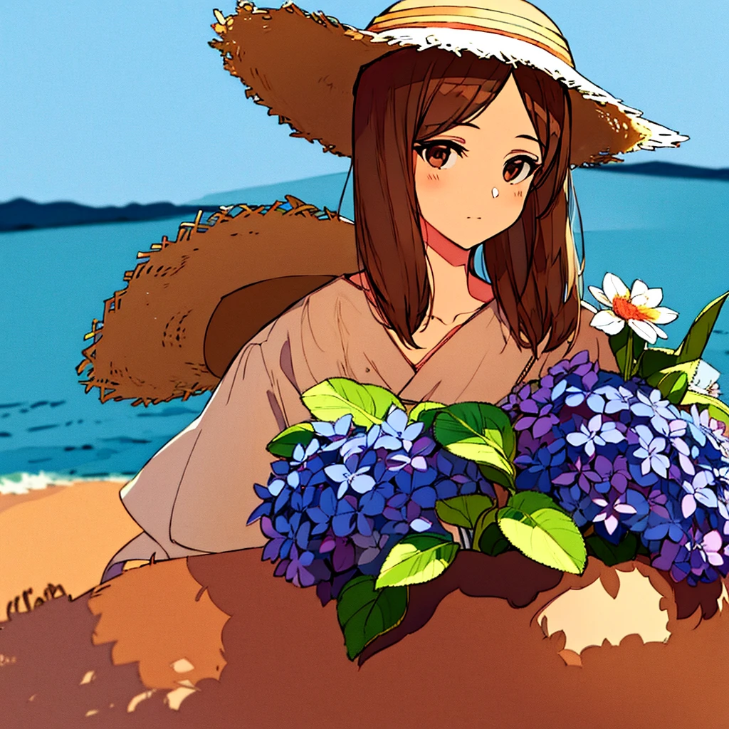 Summer Straw hat girl Brown hair Hydrangea flower Nostalgic Simple