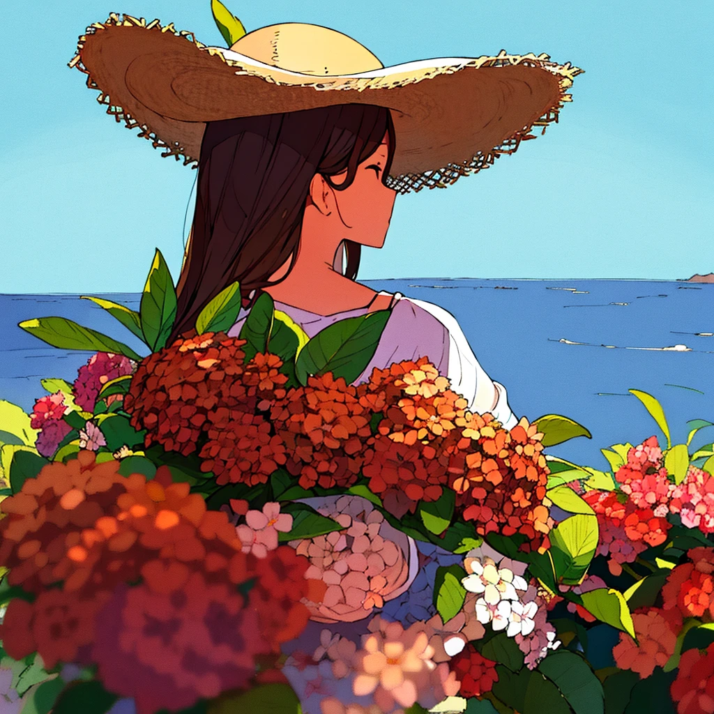 Summer Straw hat girl Brown hair Hydrangea flower Nostalgic Simple