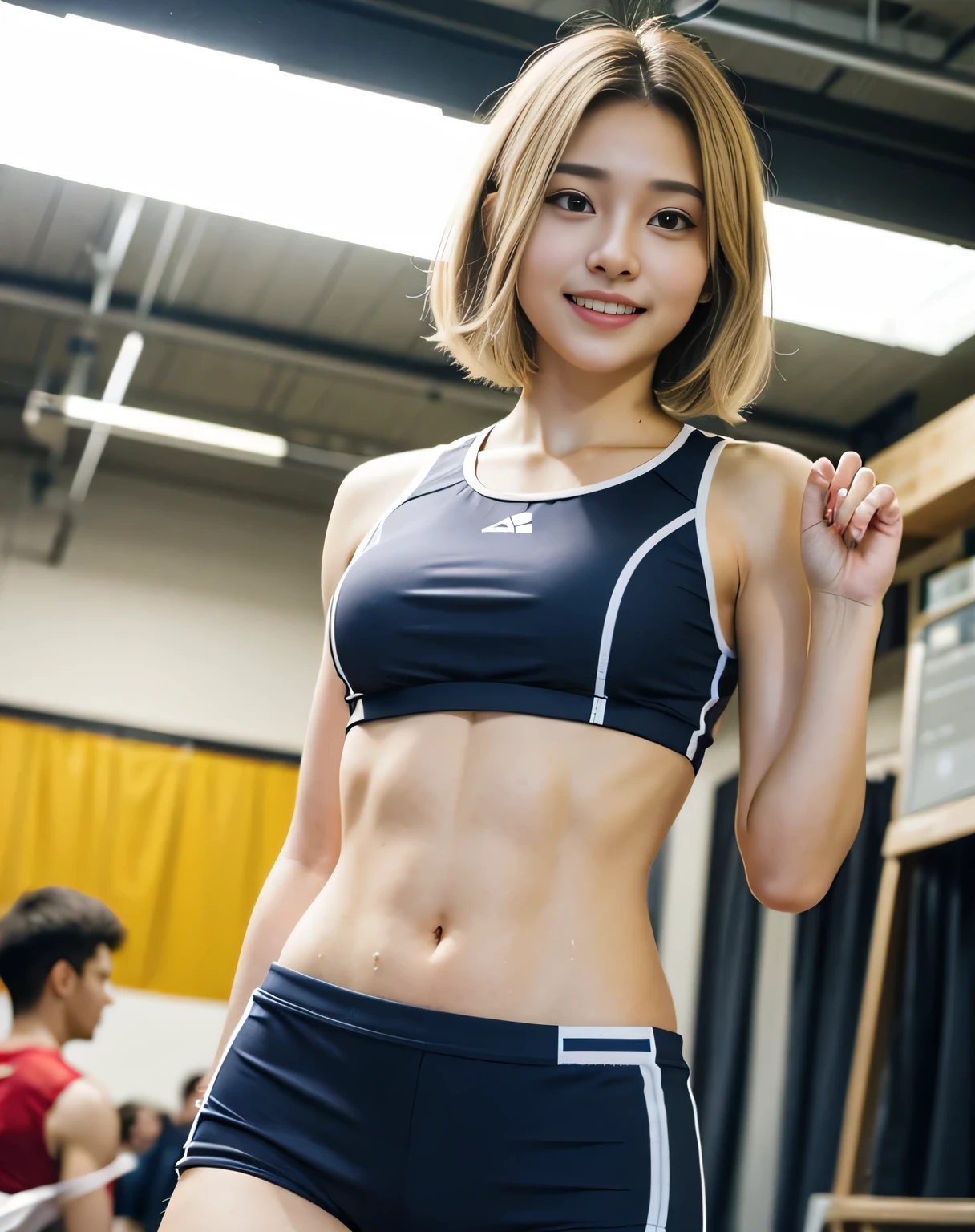 zydG, ((cowboy shot)),((from below)), 1girls, Front view, stand, looking the viewer, exposed skin, (from below),brown-eyed, (blonde very short hair:1.2), (light hair), (medium breasts:1.4), smile with white teeth, (photorealestic:1.4), (Top image quality:1.0), (UltraHighResolution:1.0), 8K, Raw photography, (A masterpice:0.2), track and field uniforms, show abs, (sweat, wetty:1.1), portlate, pubic bone focus, ful body,(pureerosface_v1:0.5), outdoor, track and field,