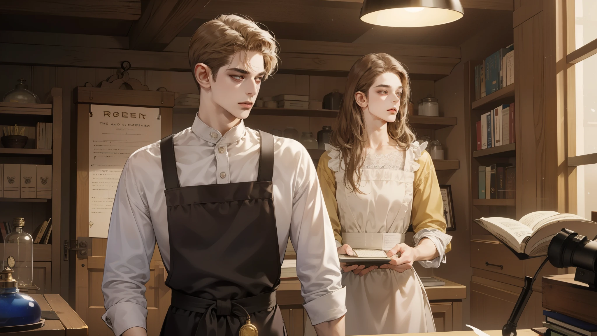masterpiece, Best quality, realistic, ((One, 1 person)), Mature man, Quiet and charming young man, 25 years, waist up very detailed face, narrow shoulders, thin, Middle Ages, 19th century,, ((golden eyes)), ((Short, light brown hair combed to the right)), [thick eyebrows], in an apron, Cinematic lighting, I look at the audience, posture dynamics, dress the doctor, monocle, textile, behind there is a table with medicines and flasks, books,