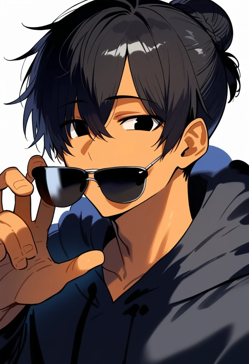 1 boy, black hair large shoulder tied in a man bun , black eyes, clear skin, place sunglasses black over your eyes, hoodie, smiling
