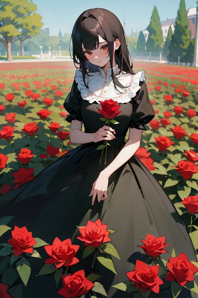 (in 8K、top-quality、masterpiece:1.2)、only a red rose not any human in a garden behind it