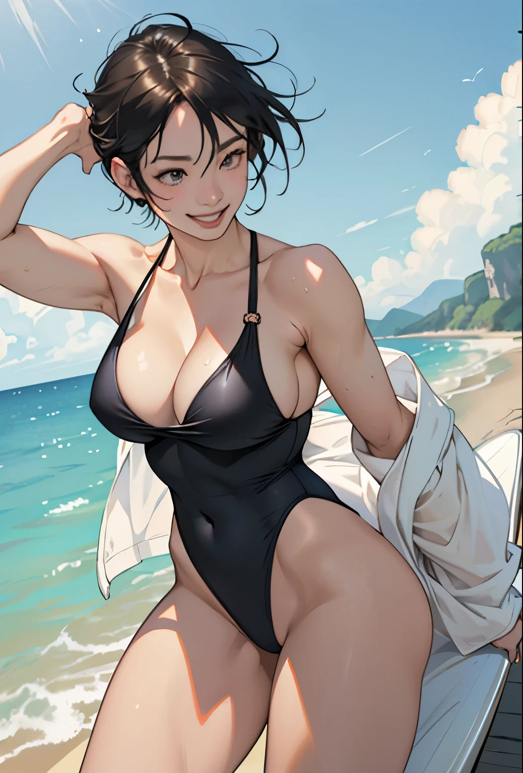 Realistic、Face reality、With a girl、Swimwear、Sexy smile、My breasts have gotten a little bigger、Sexy pose、From the front it looks like a one-piece, but from the back it looks like a mono bikini、