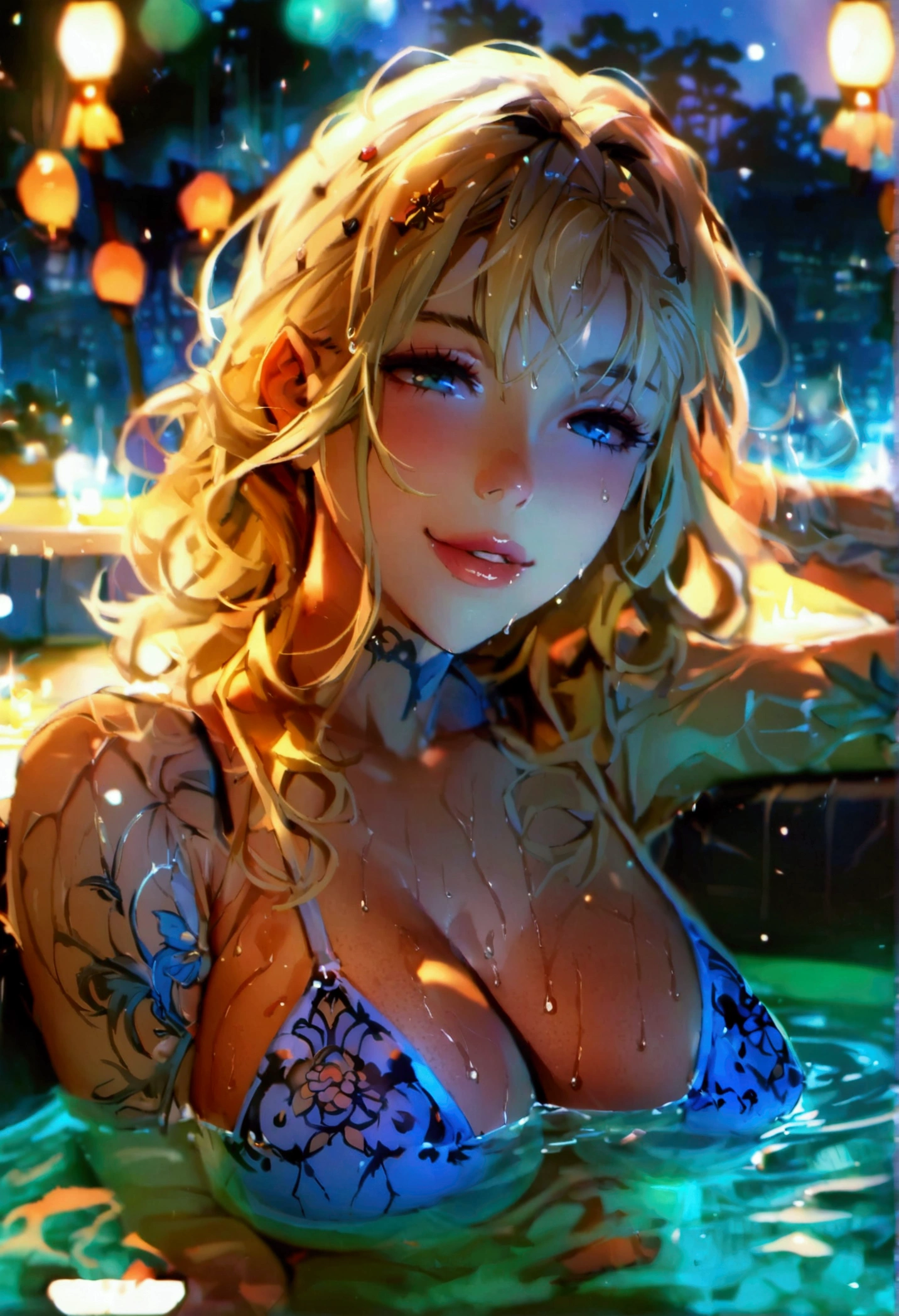 Tabletop, Highest quality, shape, Very detailed, In detail, High resolution, 8k wallpaper, Perfect dynamic composition, Beautiful attention to detail, ,Medium Hair、Natural color lips, Bold sexy pose,((One blonde-haired 20-year-old girl))、Small underwear、Big Breasts、Big Ass、night、Torchlight、Sleeping in a poolside chair、smile、cute、sexy shot looking at camera、