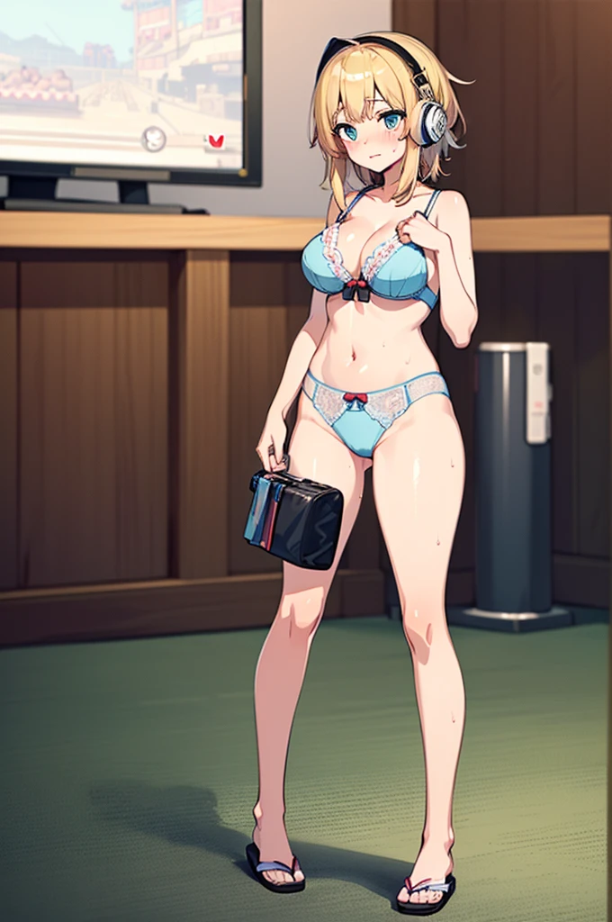 ((masterpiece, high quality, max detailed, 4k)), (1girl with headphone), (japanese , without socks), (shoeless), vivid color Lingerie, (eyes detailed), ((oiled body)) , (big breasts), red blush、Kamimei、Staring at this、Light sweat、Cute anime illustration, perfect body, (bokeh effect in background), ((playing video game)), (full body)