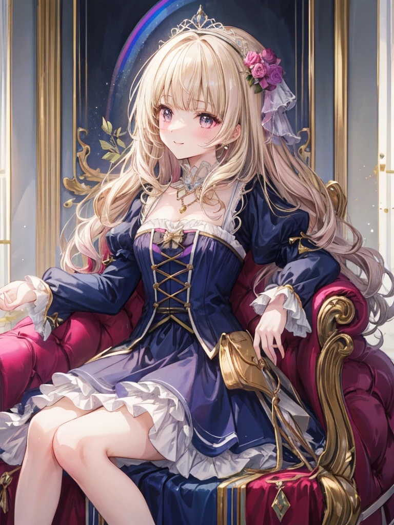 (8K, Highest quality, masterpiece: 1.2), Ultra-high resolution,14,Marie Antoinette,Highly detailed face,Fine grain,Open your mouth a little,(Blonde),Long Hair,Wavy Hair, break,ロココ調Frillsドレス,Long sleeve dress,The dress includes an extra long skirt,Baroque Dress, Intricate fantasy dress, 華やかなFrillsのドレス, romantic dress, Frillsの衣装,Frills, Lolita Style, Formal Wear, Flashy Fashion, palate colors include pink and white,(pink:1.5),Class A Smile,Gold Tiara, necklace,Sitting in a luxurious chair,I put my hands on my knees,(Rainbow light:1.4),,Profile shot of a person looking out a window,The rosebush is reflected in the window,(Inside Victoria Palace)