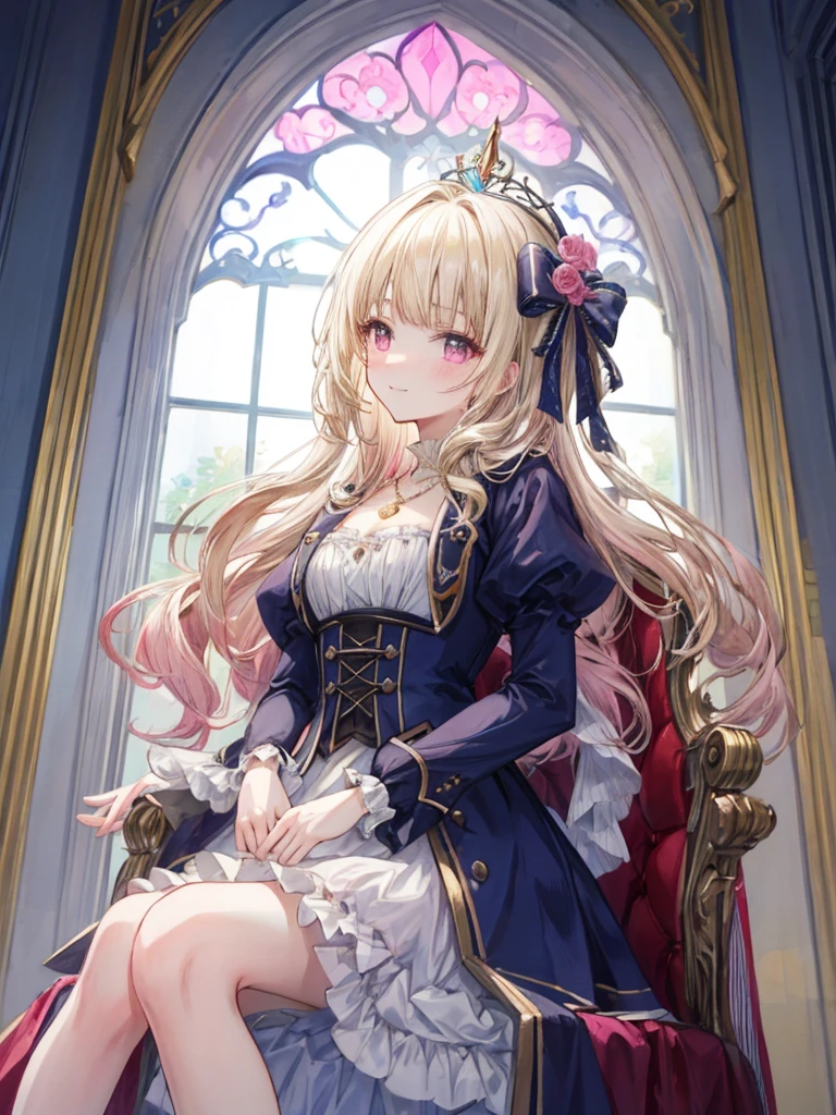 (8K, Highest quality, masterpiece: 1.2), Ultra-high resolution,14,Marie Antoinette,Highly detailed face,Fine grain,Open your mouth a little,(Blonde),Long Hair,Wavy Hair, break,ロココ調Frillsドレス,Long sleeve dress,The dress includes an extra long skirt,Baroque Dress, Intricate fantasy dress, 華やかなFrillsのドレス, romantic dress, Frillsの衣装,Frills, Lolita Style, Formal Wear, Flashy Fashion, palate colors include pink and white,(pink:1.5),Class A Smile,Gold Tiara, necklace,Sitting in a luxurious chair,I put my hands on my knees,(Rainbow light:1.4),,Profile shot of a person looking out a window,The rosebush is reflected in the window,(Inside Victoria Palace)