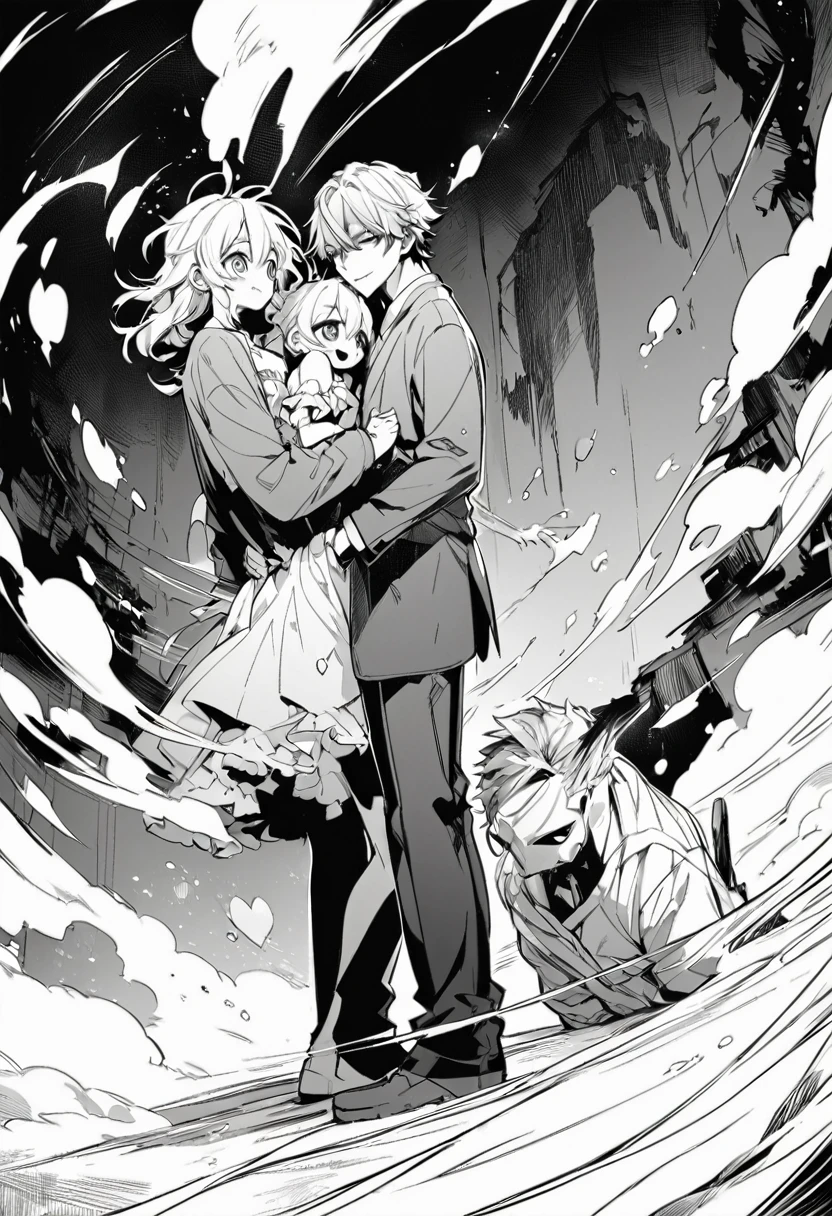 best quality , Black & White, line art, 2 men, 16 years old, full body,-Half body, long, dark, messy hair., white skin,, Scary eyes,The falling in love scene in the manga is cute: two men are confessing their love to each other.