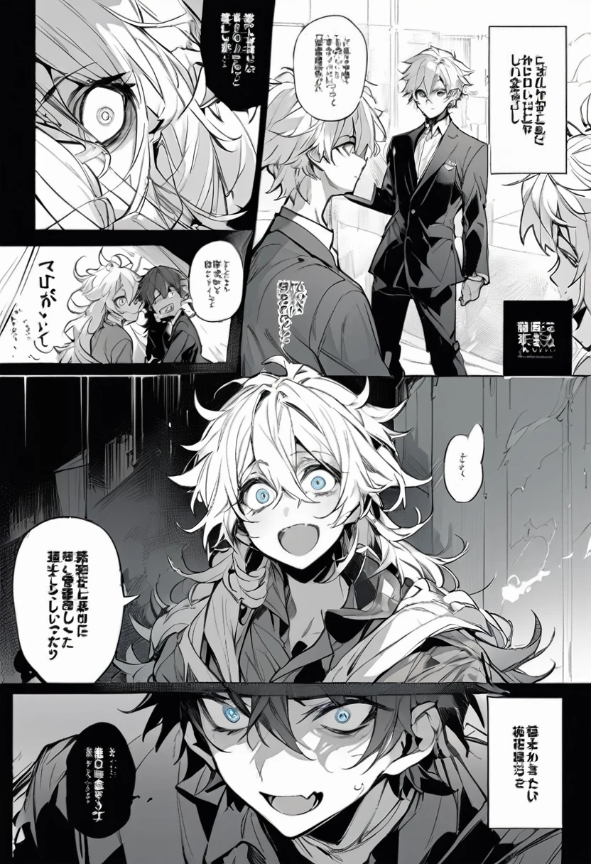 best quality , Black & White, line art, 2 men, 16 years old, full body,-Half body, long, dark, messy hair., white skin,, Scary eyes,The falling in love scene in the manga is cute: two men are confessing their love to each other.
