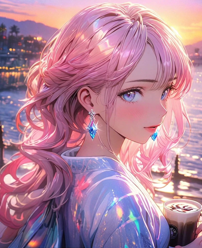 8K,gal，an extremely delicate and beautiful,Beautiful and realistic skin,Shiny jewel-like earrings,Long colorful hair,beautiful eyes,tunktop,drink coffee, beautiful sunset
