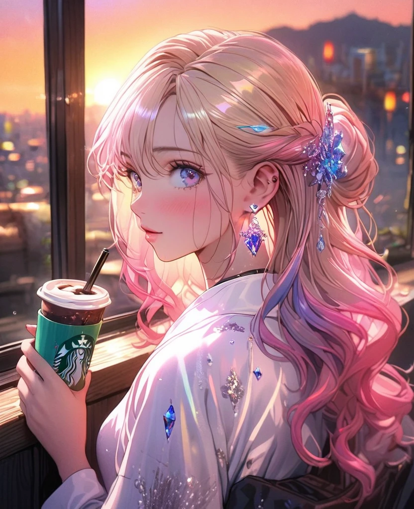 8K,gal,an extremely delicate and beautiful,Beautiful and realistic skin,Shiny jewel-like earrings,Long colorful hair,beautiful eyes,tunktop,drink coffee, beautiful sunset