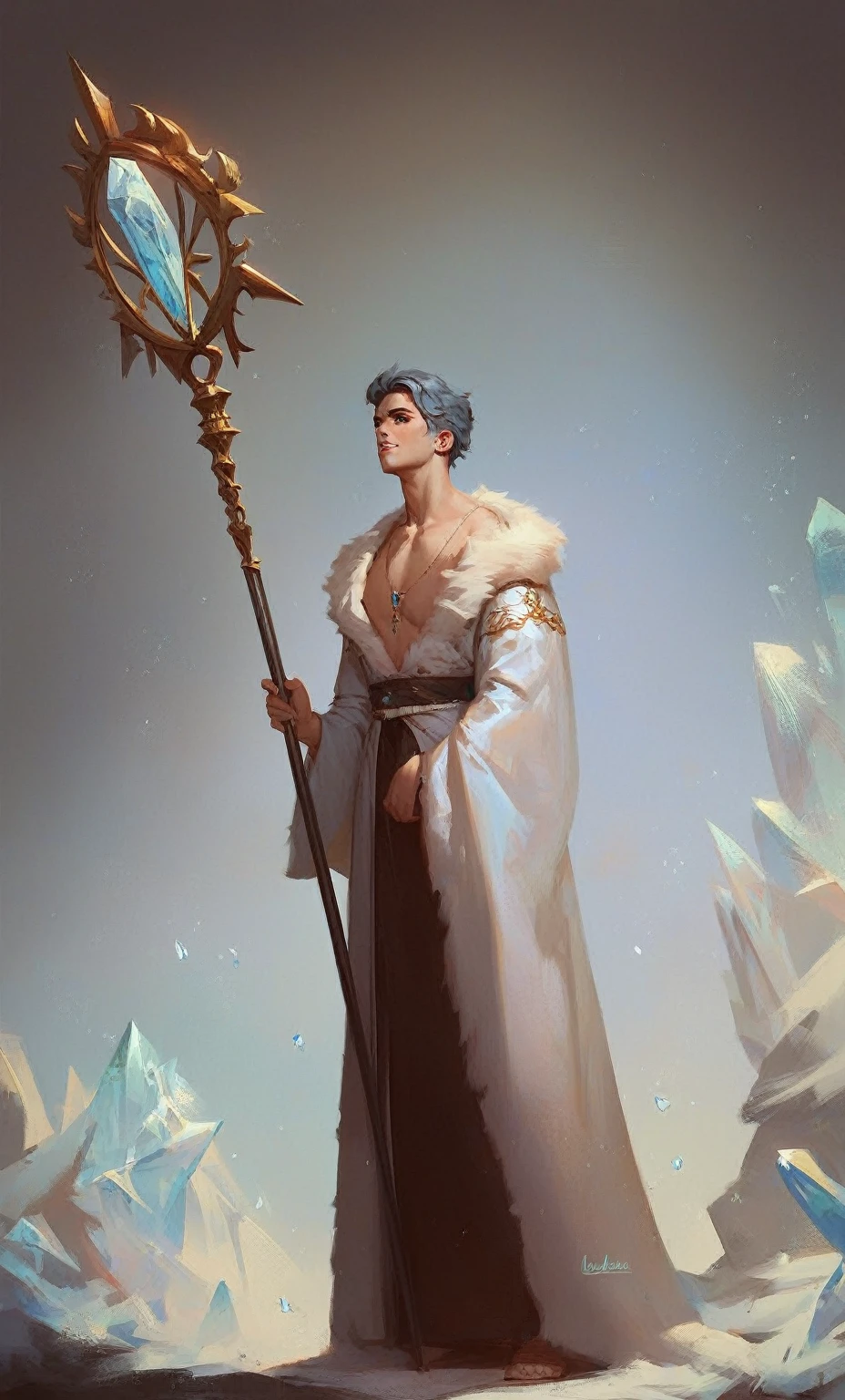 check_9, check_8_up, check_7_up, check_6_up, check_5_up, check_4_up, SorakaLoLXL, masterpiece, Best quality, A high resolution, bbandro,( 1boy), concept, ice grows on your head, gray blue hair, ice robe, full height standing with a staff, gray short