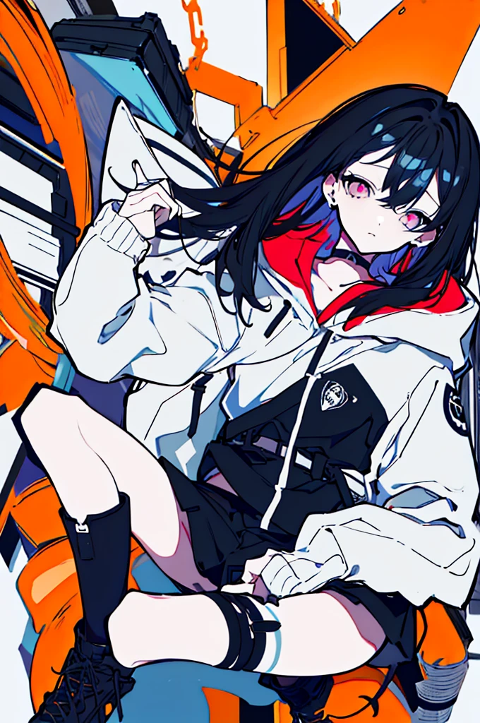 {{masterpiece}}, The best quality of life,、（（Black long hair、Inside is blue、））、（Pink Eyes）、big black earrings、Black choker、Beautiful details in the eyes、White background、Anime characters、（（Black tube top、hot pants、Punk Fashion、Long sleeve hoodie、Black short boots、Knee socks）、（Expressionless girl）、（White background）、（（））