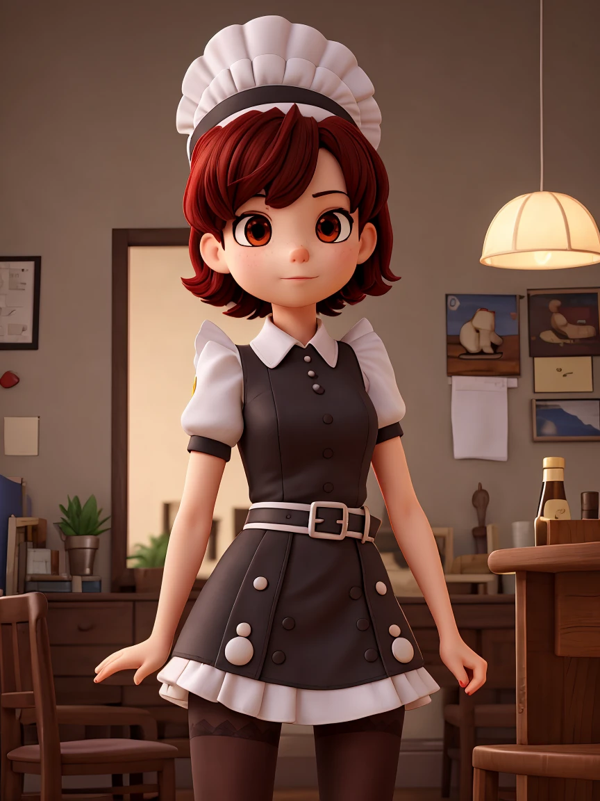 masterpiece,official art,extremely detailed cg unity 8k wallpaper,highly detailed,absurdres,8k resolution,1girl, solo,looking at viewer, short hair, black hair, red eyes, dress, holding, short sleeves, pantyhose, red hair, multicolored hair, belt, apron, maid, maid headdress, shadow, piercing, red nails,spikes, maid apron, can, argyle legwear,