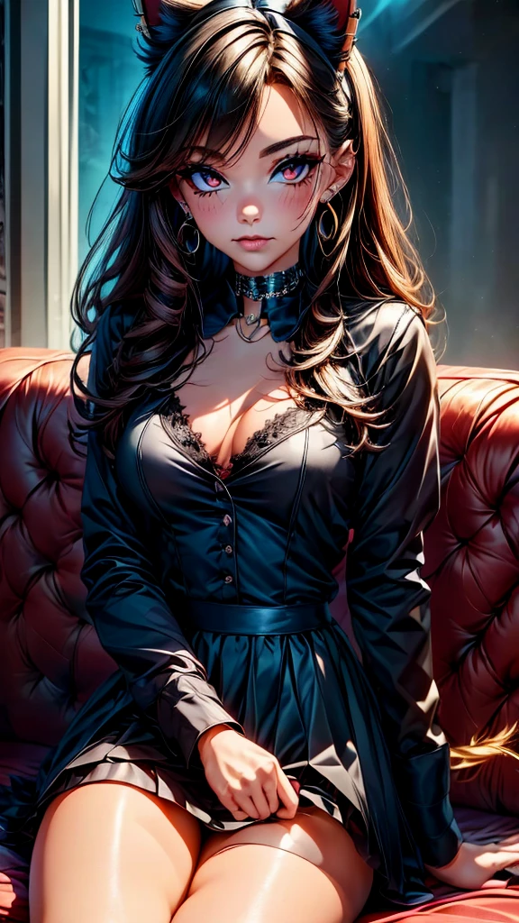 1 girl, solo, red eyes, cat ears, brunette, wavy hairstyle, wearing bottom lip pierce, wearing earrings, wearing a black velvet choker, wearing a black velvet lingerie, sitting on couch, long eyelashes, wearing soft makeup