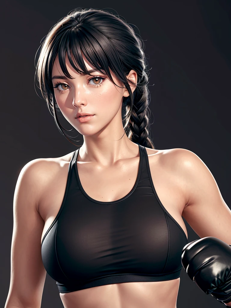 Woman boxer, long black hair, handsome face, boxing gloves, sports bra, toned, boxing stance, S型figure:1.7））），((masterpiece)),high resolution, ((Best quality at best))，masterpiece，quality，Best quality，（（（ Exquisite facial features，looking at the audience,（（（Interlacing of light and shadow，））），（（（looking into camera，black background，Exaggerated perspective , ultra wide shot,）））