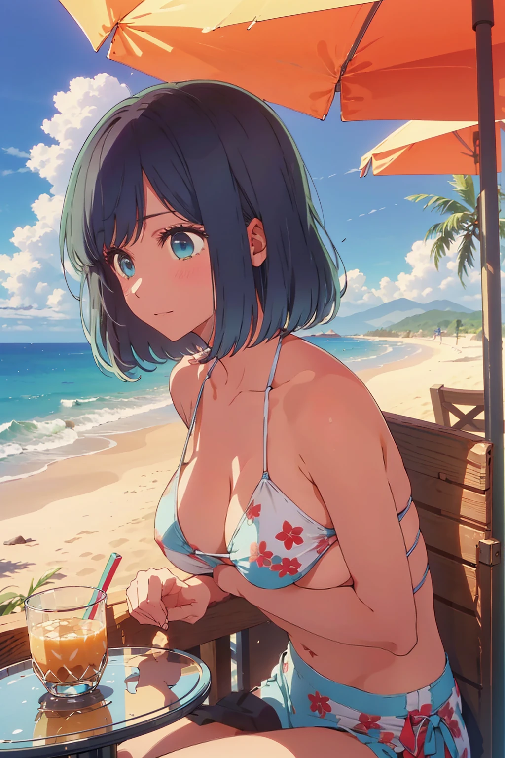 (Highest quality:1.4、masterpiece:1.4、Super detailed:1.4、8K:1.4)、((((1 person、Surprised expression、sit、Outdoor café terrace、coastal、juice、table、Sandy Beach、juiceのグラスを持つ、Micro Bikini、Very soft boobs、Big eyes、Very cute face))))、(beach:1.4)、F cup bust、Medium breast、Underboob、Sideboob