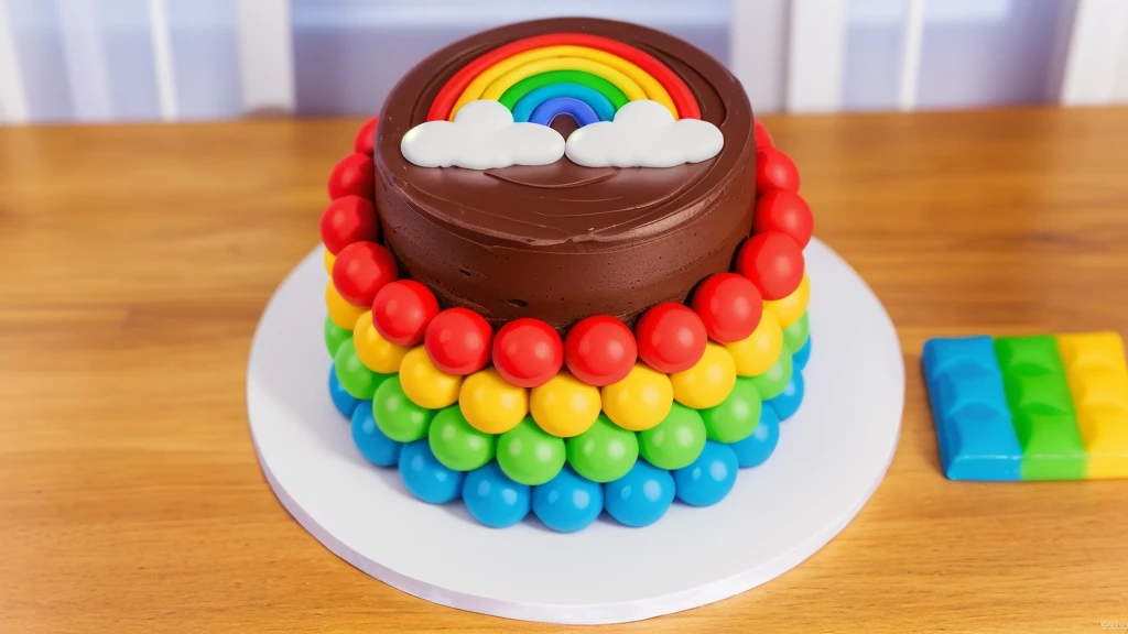 on a wooden table, on a white plate, a chocolate cream cake, candy candies around the cake, a cloud and a rainbow made of polymer clay on the cake, window light, bright lights, soft light, window light, professional lighting, light from the window, neat light, realistic texture, realistic style, detailed texture, high quality, high resolution, high quality rendering, realistic photo, brightning light, macro photo