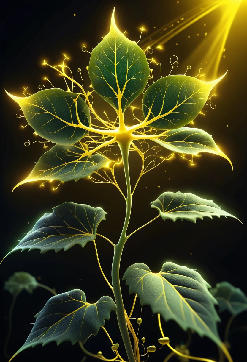 dimly glowing neuron firing plant runs ivy with a yellow wind, elegant and stylish explosive background, Tonal contrast, high resolution, touch of intricate details, extremely complex of details, ultra-thin illustration, ambient lighting, 32K stunning beauty holographic rendering,