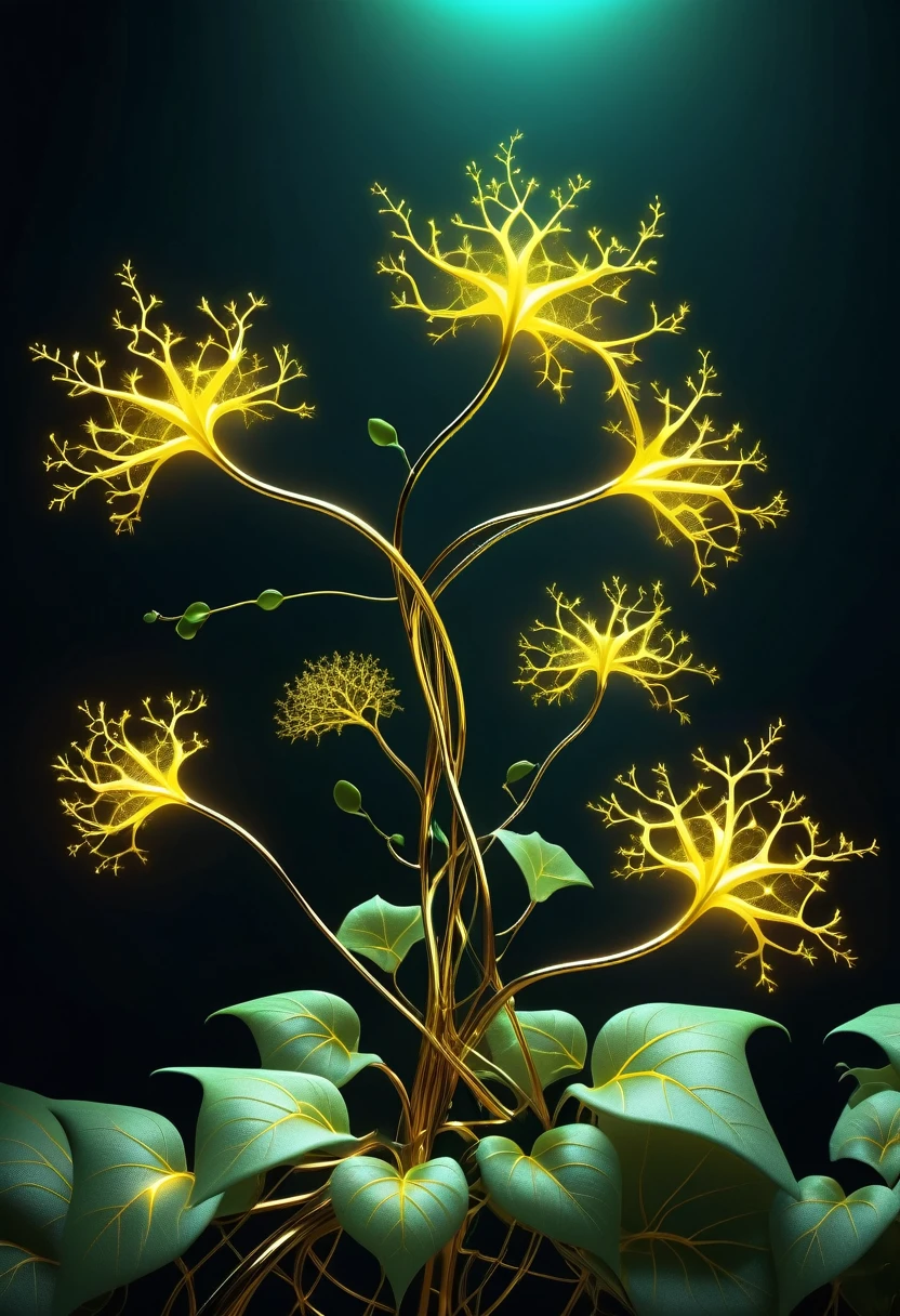 dimly glowing neuron firing plant runs ivy with a yellow wind, elegant and stylish explosive background, Tonal contrast, high resolution, touch of intricate details, extremely complex of details, ultra-thin illustration, ambient lighting, 32K stunning beauty holographic rendering,