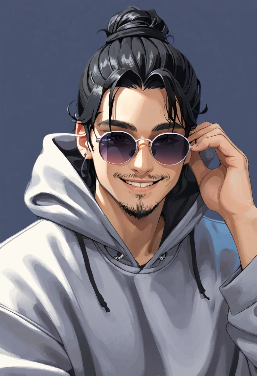 1 boy, black hair large shoulder tied in a man bun , black eyes, clear skin, place sunglasses over your eyes, hoodie, smiling
