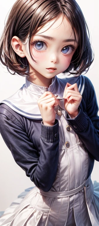 pretty girl . very cute , Round face . alone , slim , Medium Chest , Short and small . Shiny skin . uniform. Dynamic pose . Dynamic Angle . No background , White Background , Looking at the audience