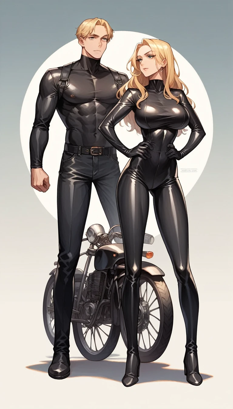 Masterpiece, best quality, Masterpiece, best quality, 1 woman, long blonde hair , Tight black leather motorcycle suit , big breasts , abdomen , Long legs , Put your hands on your hips.. , boots , full body , 1 man , Hold the woman&#39;s waist , abandoned factory , at night